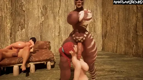 Orgie 3D : 6 salopes baisées par 2 futas et 1 rhinocéros